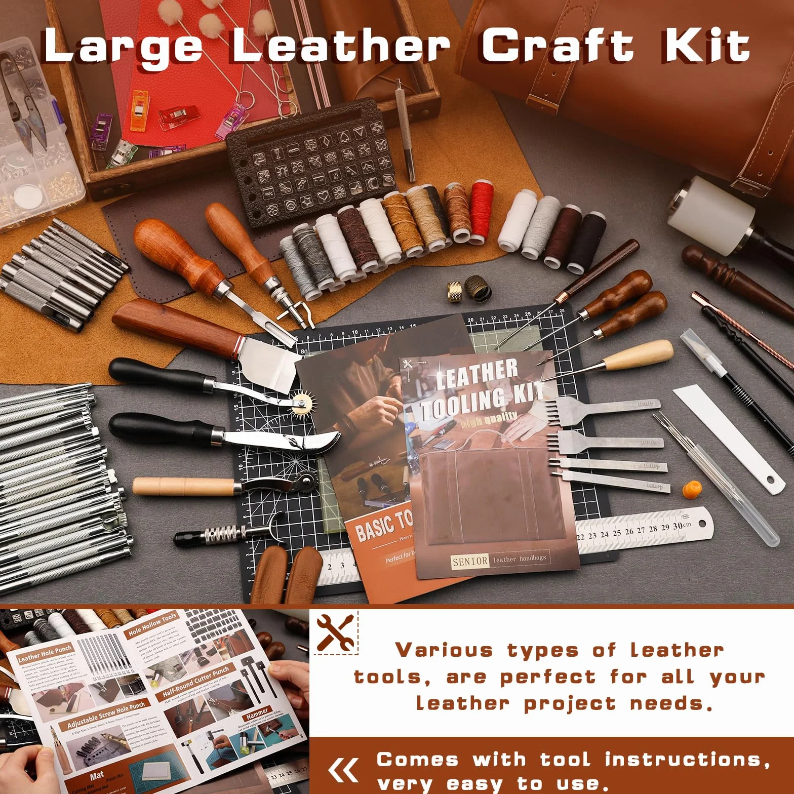 TLKKUE Kit d'outils en cuir pour le travail du cuir avec tapis de découpe personnalisés pour sac à main, gravure, poinçonnage, couture, estampage, outils de ponçage pour travaux manuels professionnels