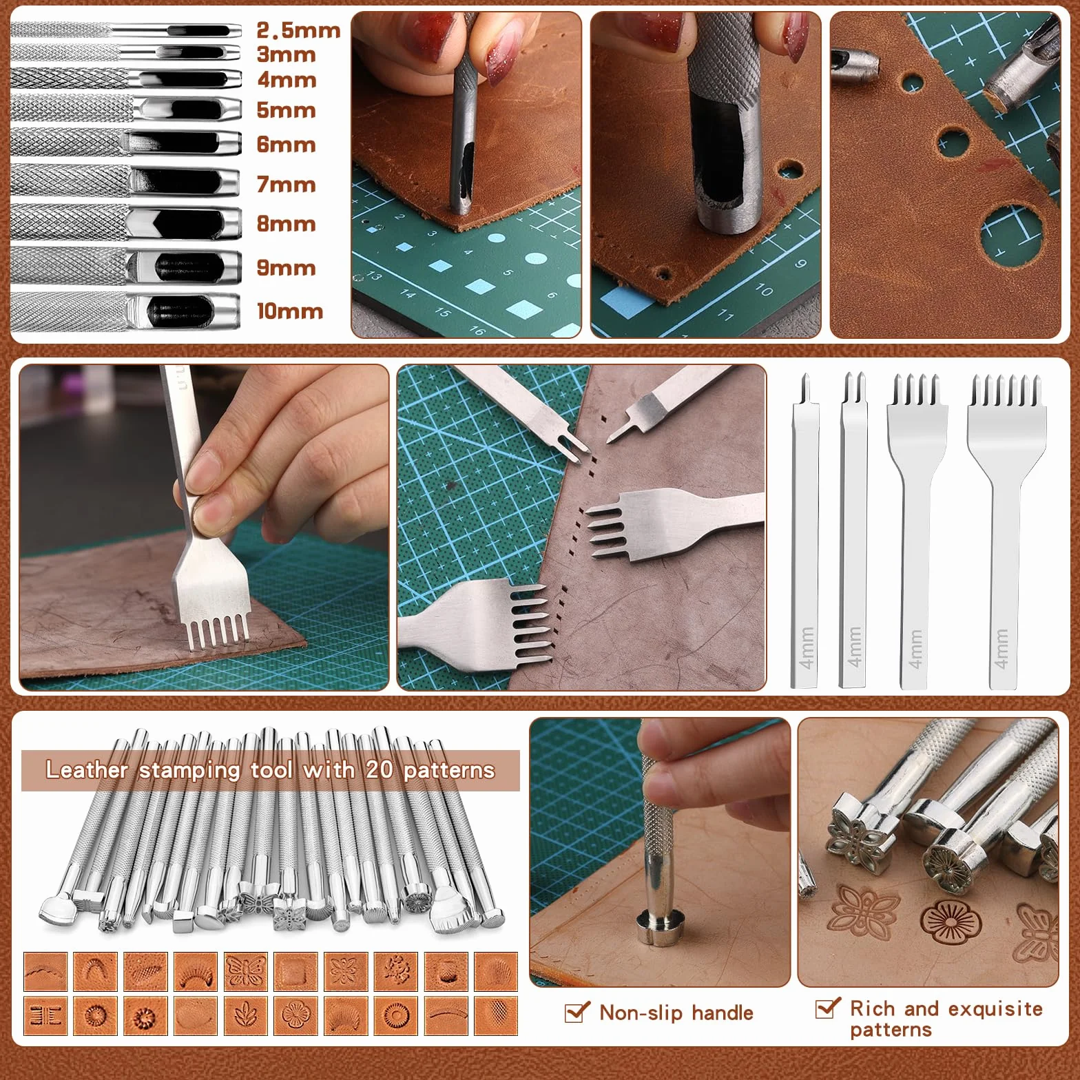 TLKKUE Kit d'outils en cuir pour le travail du cuir avec tapis de découpe personnalisés pour sac à main, gravure, poinçonnage, couture, estampage, outils de ponçage pour travaux manuels professionnels