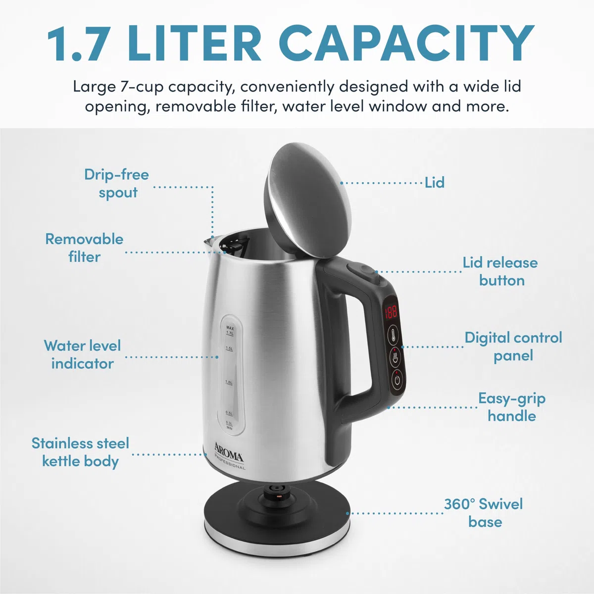 AROMA Bouilloire électrique professionnelle en acier inoxydable 1,7 l/7 tasses (AWK-1810SD)