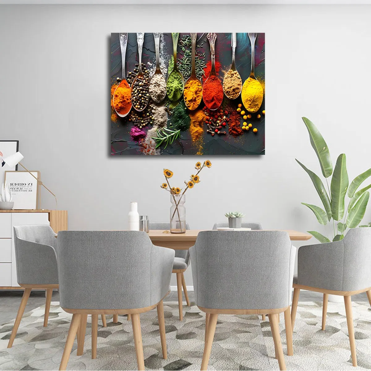CHERHERART Illustrations d’épices botaniques peinture sur toile pour maison rustique Herbes colorées et épices encadré impression murale sur toile pour cuisine 90x120cm Cadre intérieur