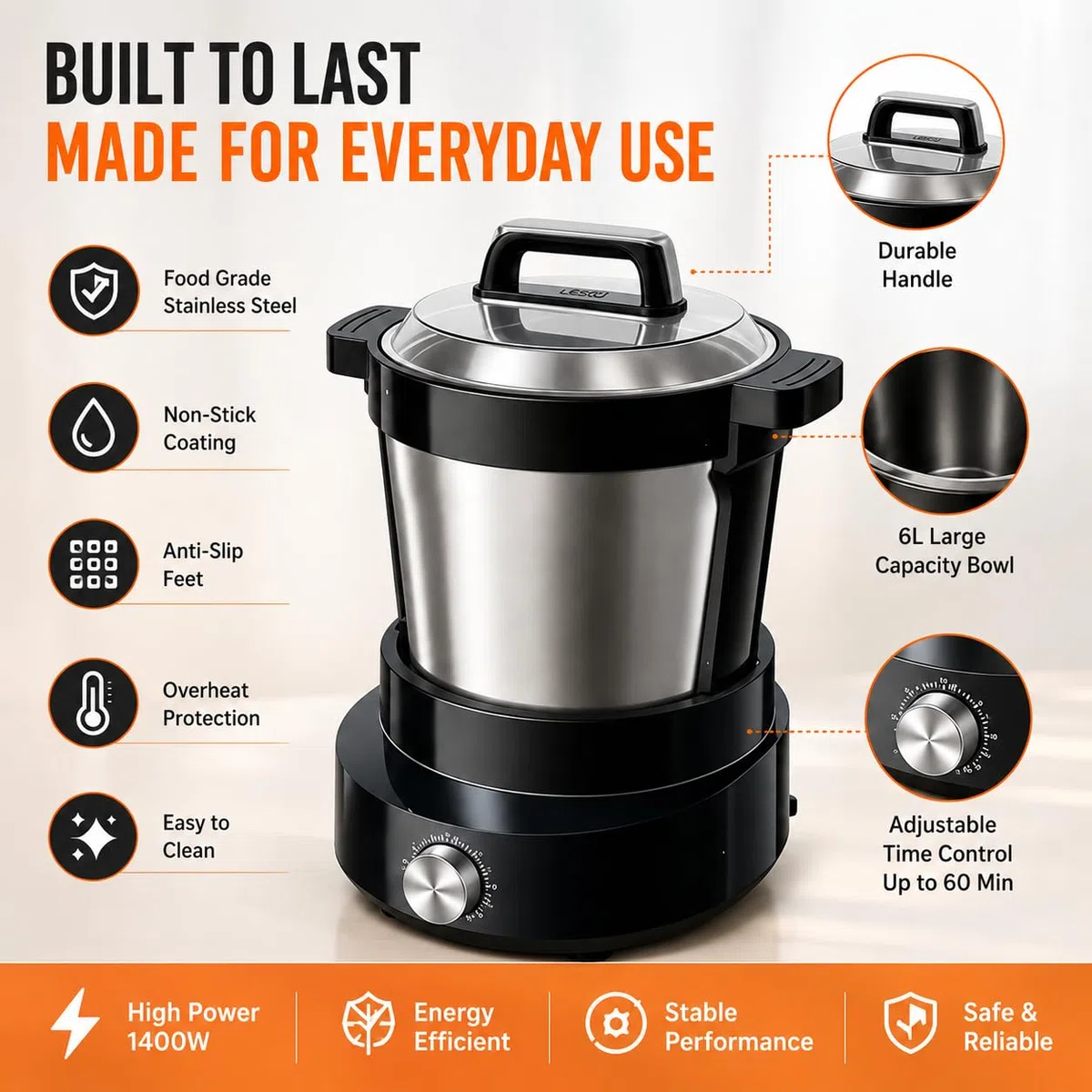 Machine à aramant électrique 6L, Machine Automatique Fufu et Amala avec minuterie de 60min, Pot en Acier Inoxydable Non-adhésif pour l'igname pilonnée, Banku, EBA, idéal pour Les Repas de Famille
