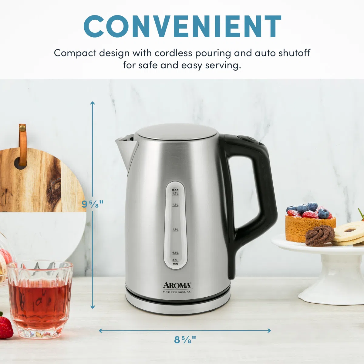 AROMA Bouilloire électrique professionnelle en acier inoxydable 1,7 l/7 tasses (AWK-1810SD)