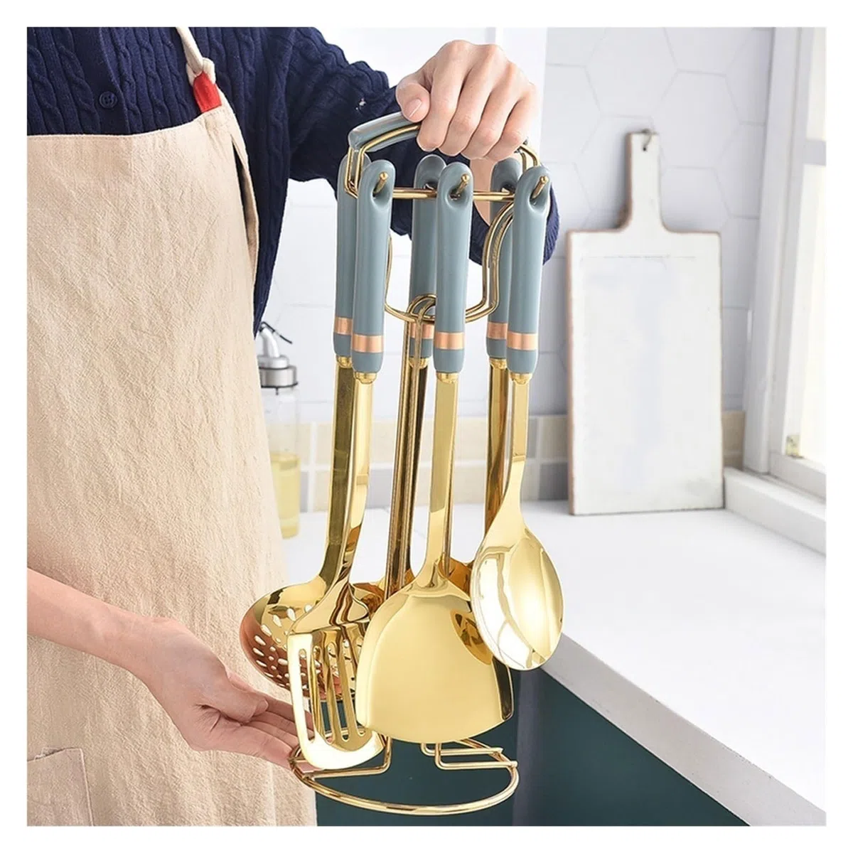 Cuillères de Cuisine en céramique, spatules, ustensiles de Cuisine en Acier Inoxydable, Gadgets, ustensiles de Cuisson, ustensiles de Cuisine, 7 pièces (Vert)