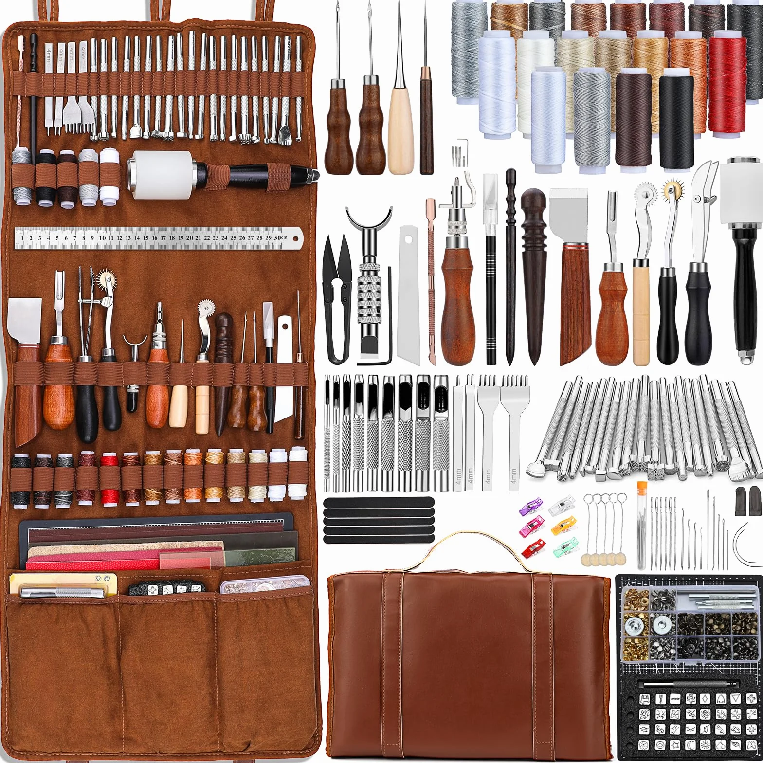 TLKKUE Kit d'outils en cuir pour le travail du cuir avec tapis de découpe personnalisés pour sac à main, gravure, poinçonnage, couture, estampage, outils de ponçage pour travaux manuels professionnels