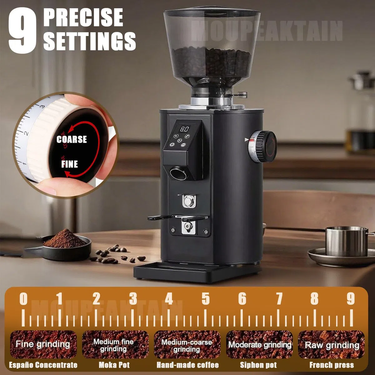 Moulin à Café Professionnel, 350W Moulin Cafe, Broyeur Cafe Grain Expresso à Meules Plates De 64mm, Moulin à Café électrique avec 9 Réglages Précis Et Affichage LED Black