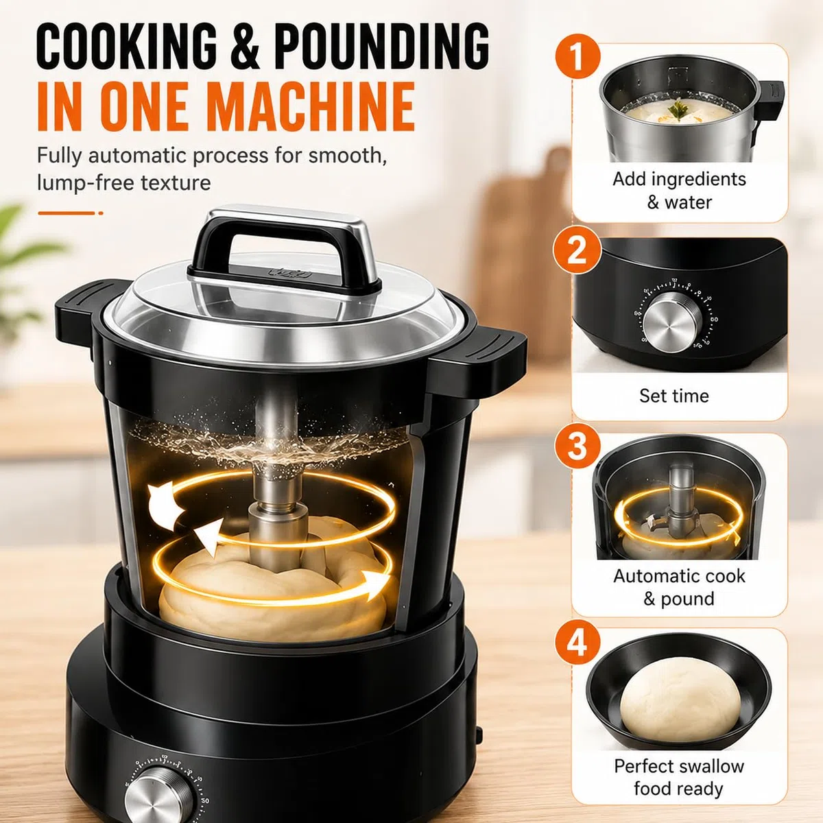 Machine à aramant électrique 6L, Machine Automatique Fufu et Amala avec minuterie de 60min, Pot en Acier Inoxydable Non-adhésif pour l'igname pilonnée, Banku, EBA, idéal pour Les Repas de Famille