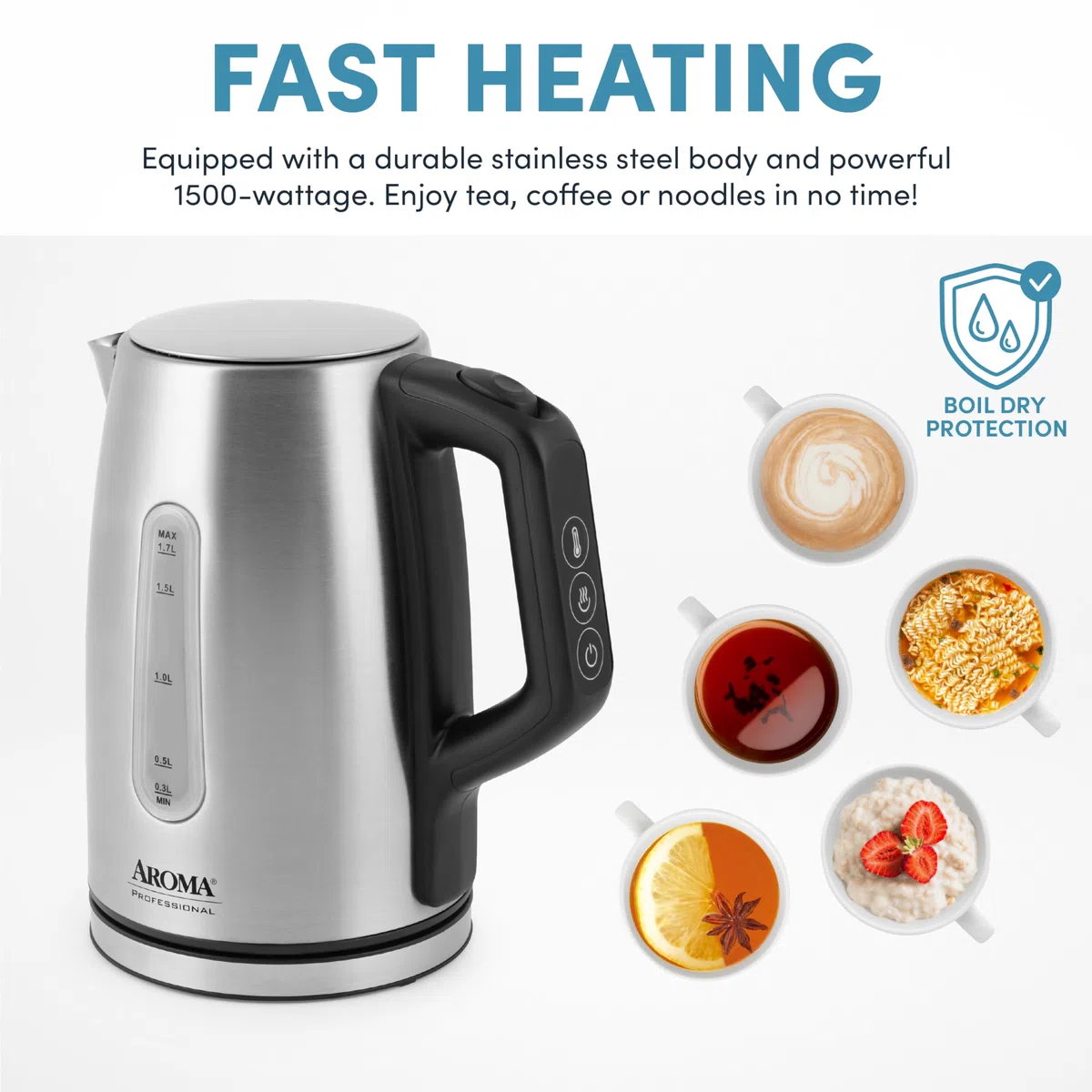 AROMA Bouilloire électrique professionnelle en acier inoxydable 1,7 l/7 tasses (AWK-1810SD)