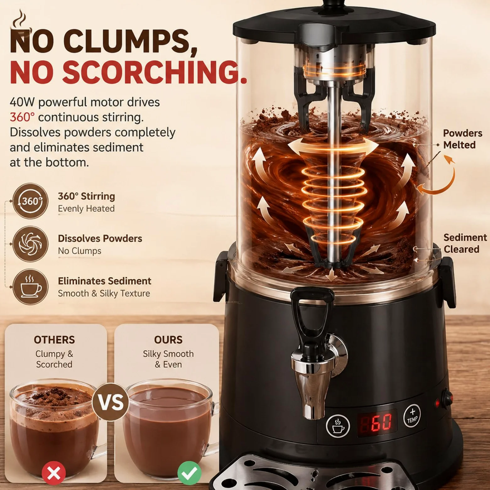 Machine Professionnelle Chocolat Chaud 10L 400W Agitateur 40W Moteur Red
