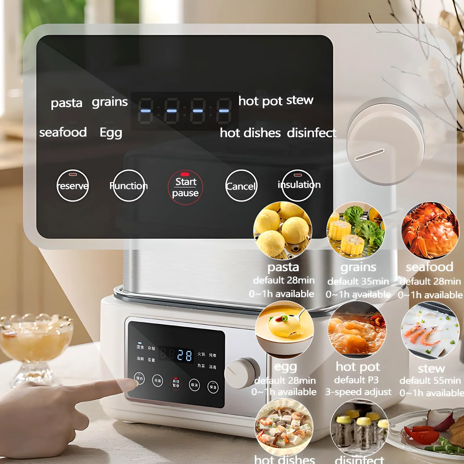Cuiseur vapeur électrique à écran tactile pour légumes avec minuterie