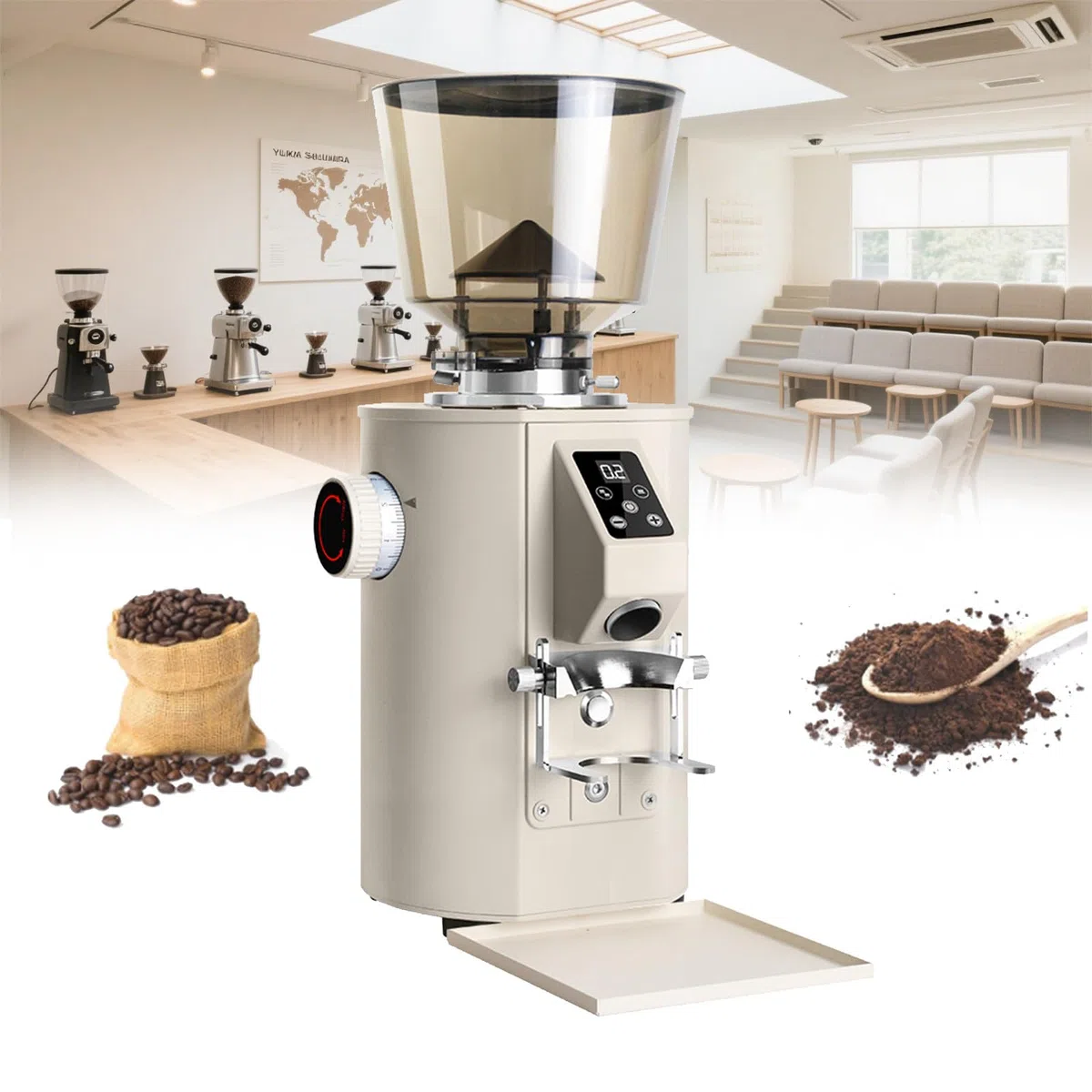 Moulin À Expresso | Moulin À Café Manuel, Lame Plate De 64 Mm, Mouture Quantitative Automatique De 350 W, 9 Réglages De Mouture De Précision, Adapté Aux Cafés Et Restaurants Beige