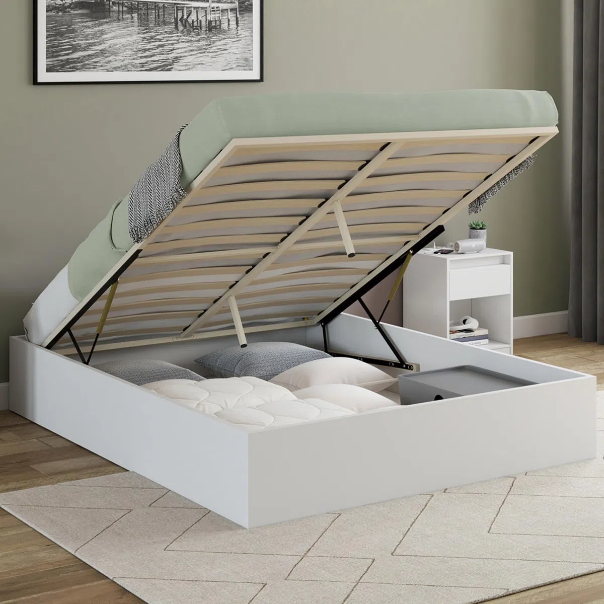 IDMarket - Lit Coffre Double SANDSIDE avec sommier 160 x 200 cm Blanc