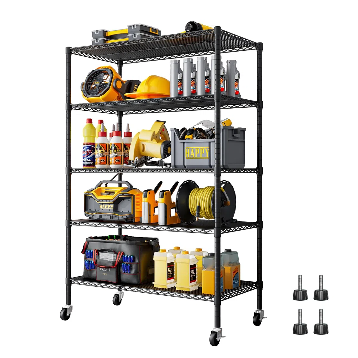 Étagère de Rangement Industrielle 5 Niveaux avec Roues, Étagère Métal Noire Ajustable pour Garage et Cave, 91.3x45.7x182.9cm