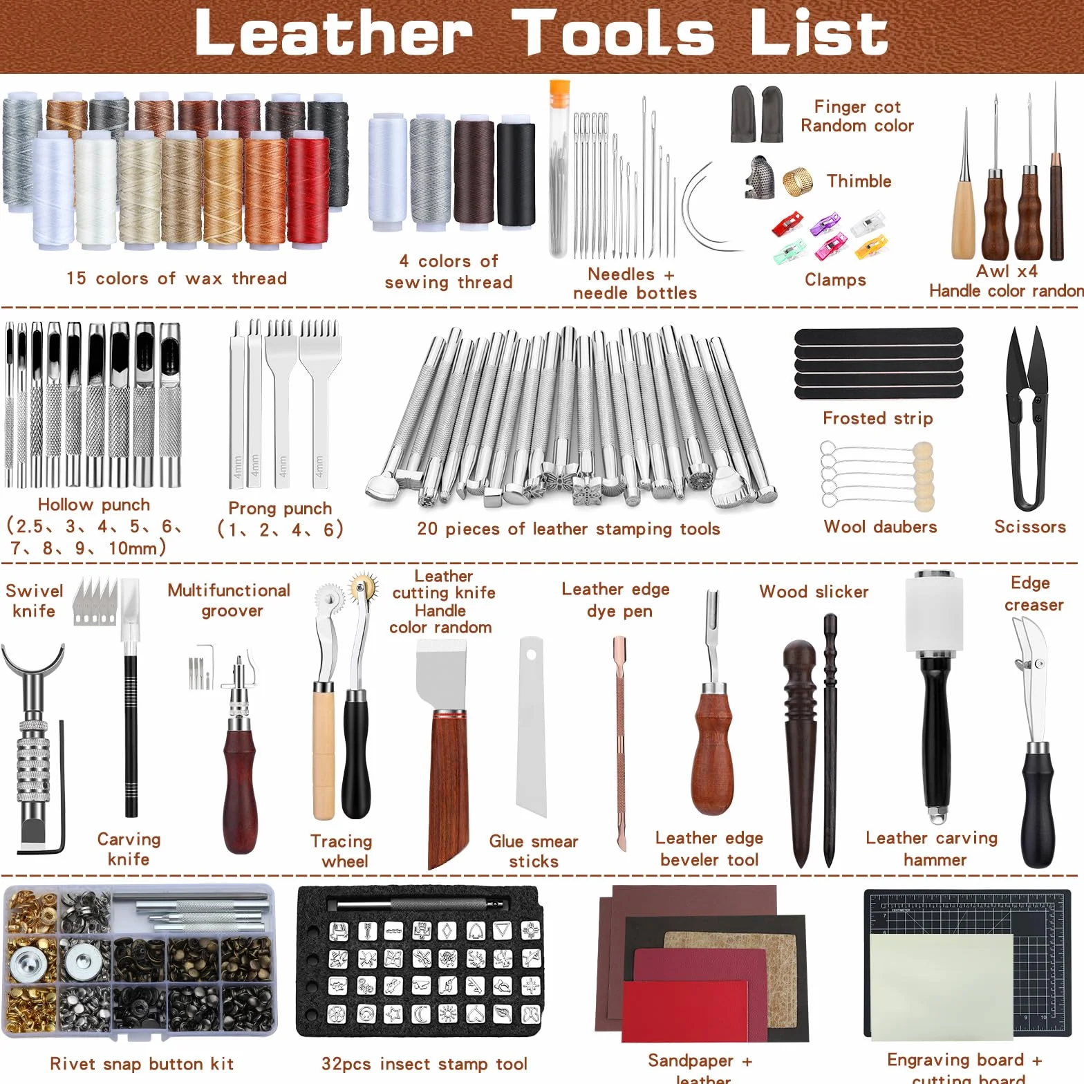 TLKKUE Kit d'outils en cuir pour le travail du cuir avec tapis de découpe personnalisés pour sac à main, gravure, poinçonnage, couture, estampage, outils de ponçage pour travaux manuels professionnels