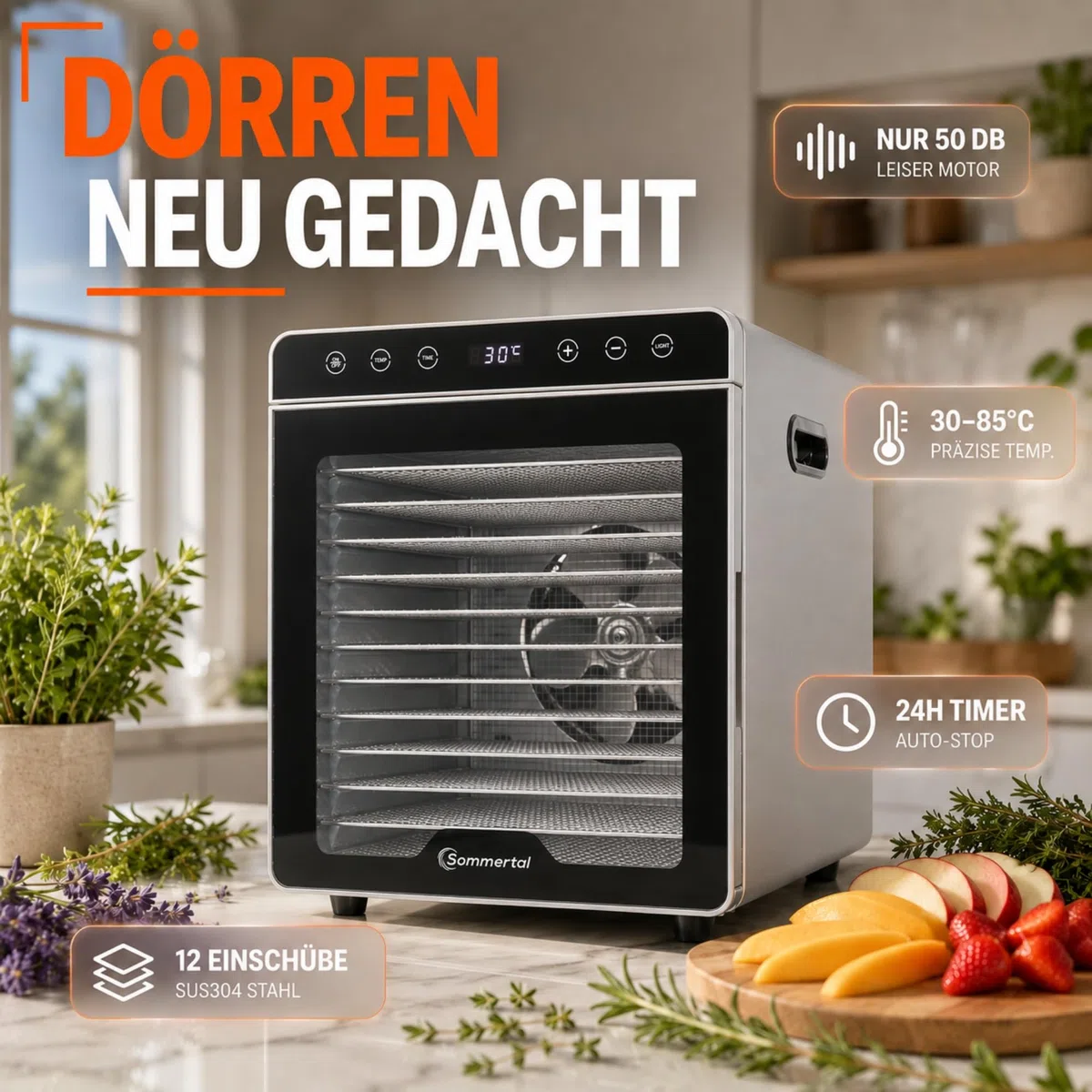 Sommertal Déshydrateur Silence 800 - 12 compartiments en acier inoxydable - 800 W - Silencieux