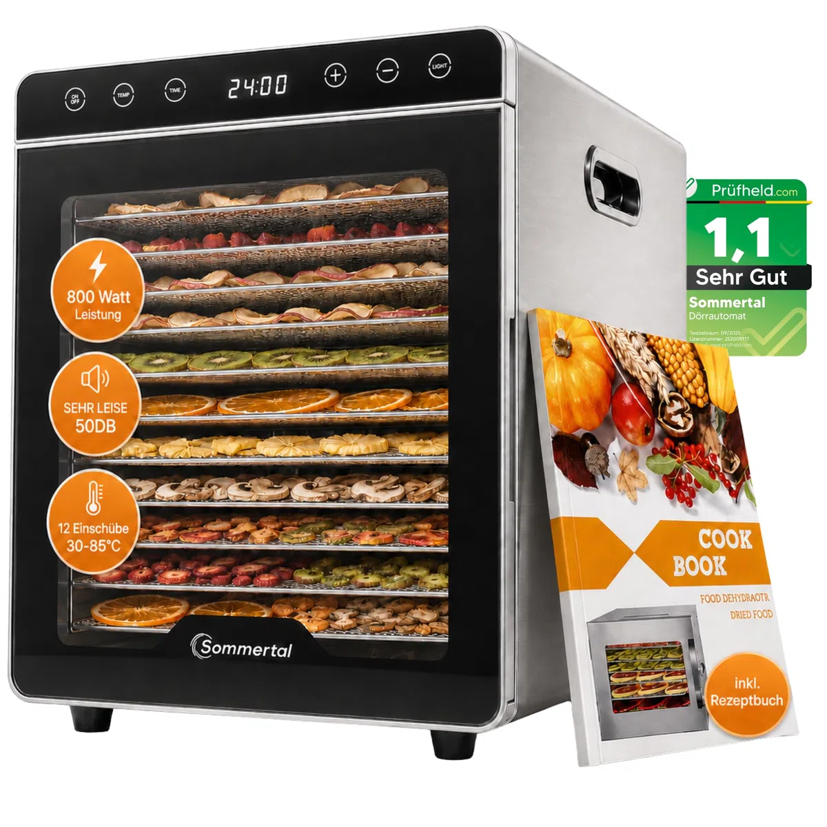 Sommertal Déshydrateur Silence 800 - 12 compartiments en acier inoxydable - 800 W - Silencieux