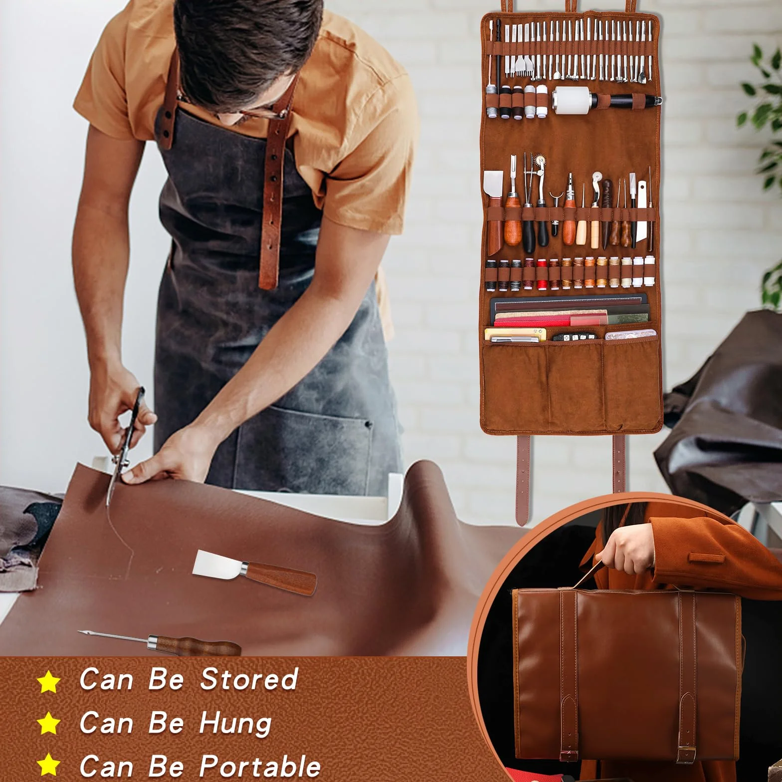 TLKKUE Kit d'outils en cuir pour le travail du cuir avec tapis de découpe personnalisés pour sac à main, gravure, poinçonnage, couture, estampage, outils de ponçage pour travaux manuels professionnels