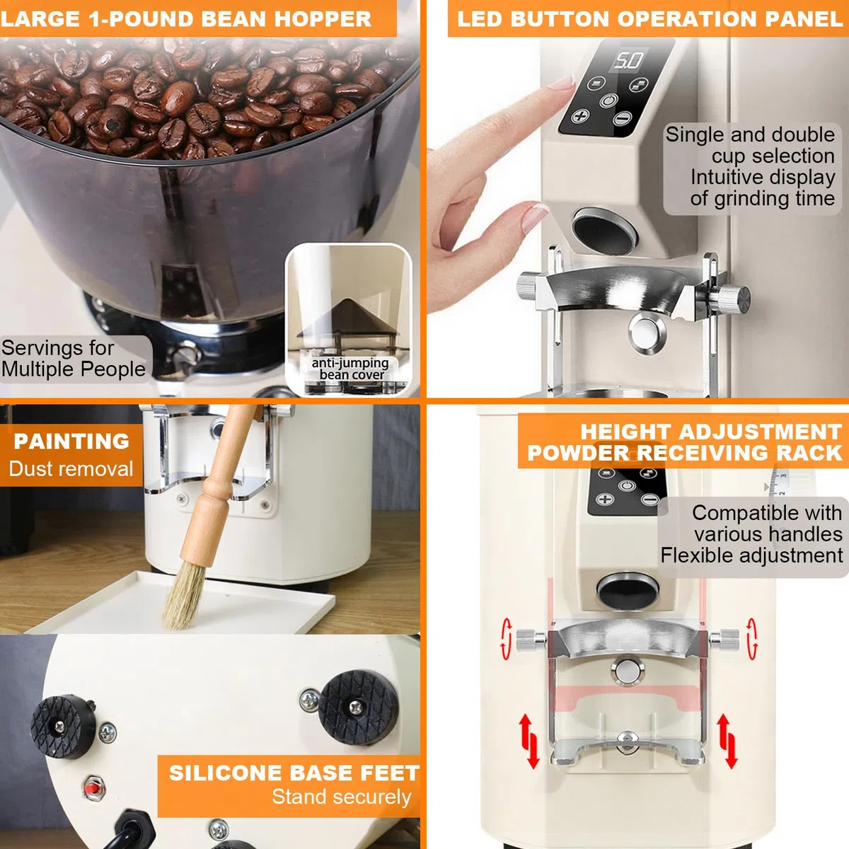 Moulin À Expresso | Moulin À Café Manuel, Lame Plate De 64 Mm, Mouture Quantitative Automatique De 350 W, 9 Réglages De Mouture De Précision, Adapté Aux Cafés Et Restaurants Beige