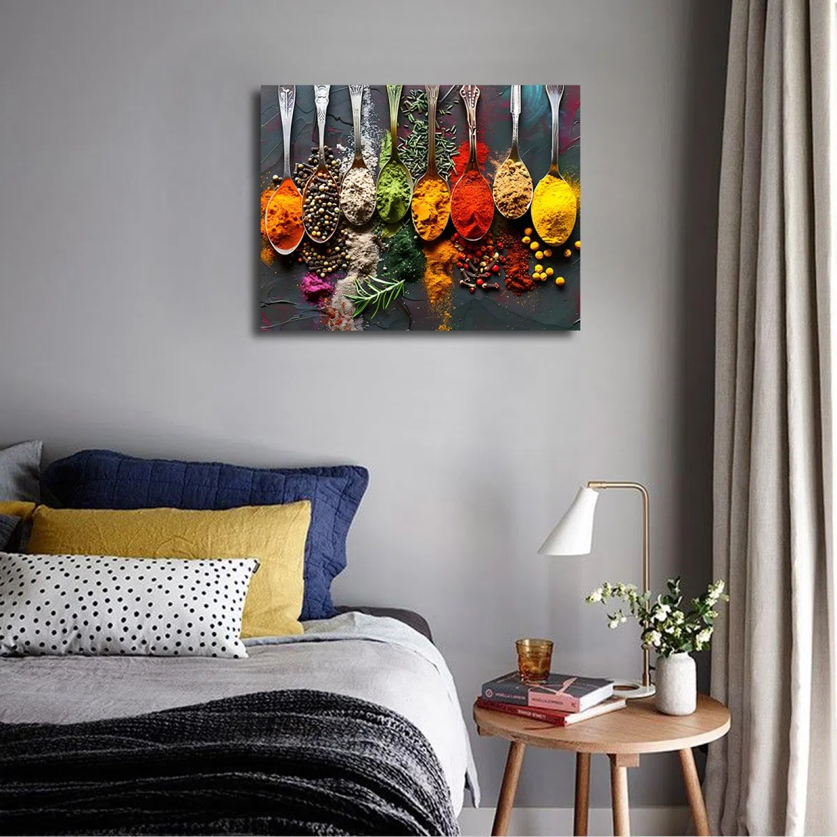 CHERHERART Illustrations d’épices botaniques peinture sur toile pour maison rustique Herbes colorées et épices encadré impression murale sur toile pour cuisine 90x120cm Cadre intérieur