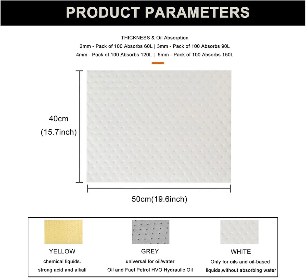 Tampon Absorbant D’Huile Tapis Anti-déversement D’Huile Tapis Absorbants en Rouleau, Huile Et Carburant Uniquement Feuilles pour Ateliers Usines Garages, White, 2mm-100 Sheet