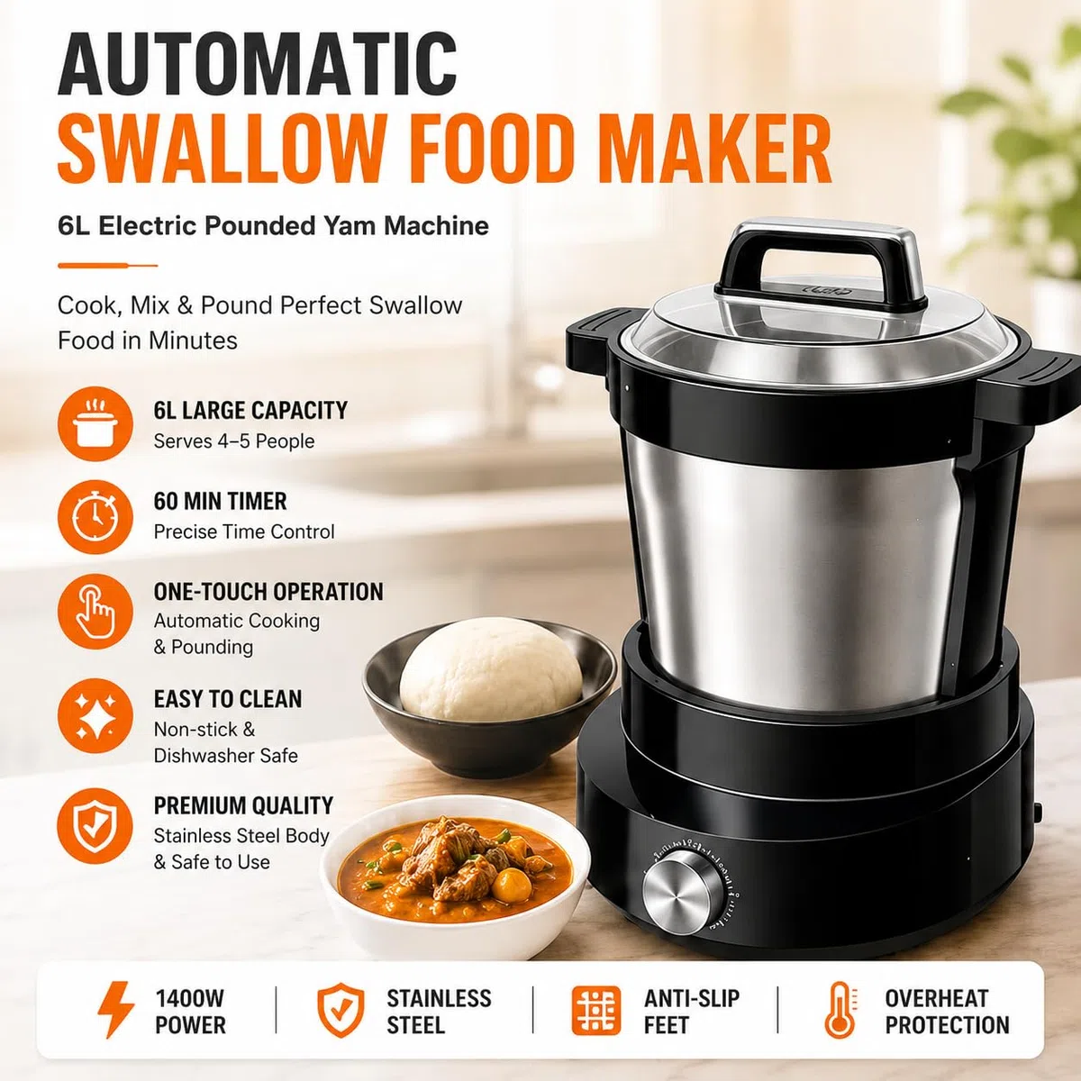 Machine à aramant électrique 6L, Machine Automatique Fufu et Amala avec minuterie de 60min, Pot en Acier Inoxydable Non-adhésif pour l'igname pilonnée, Banku, EBA, idéal pour Les Repas de Famille