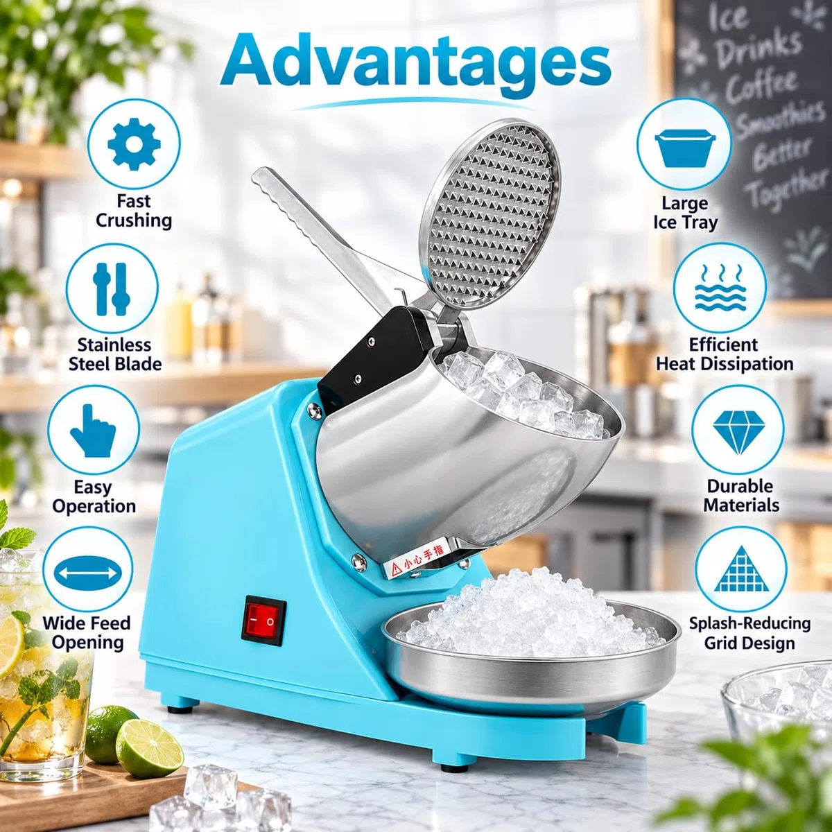 Broyeur à glace électrique 300 W 65 kg/h Machine à glace rasée réglable