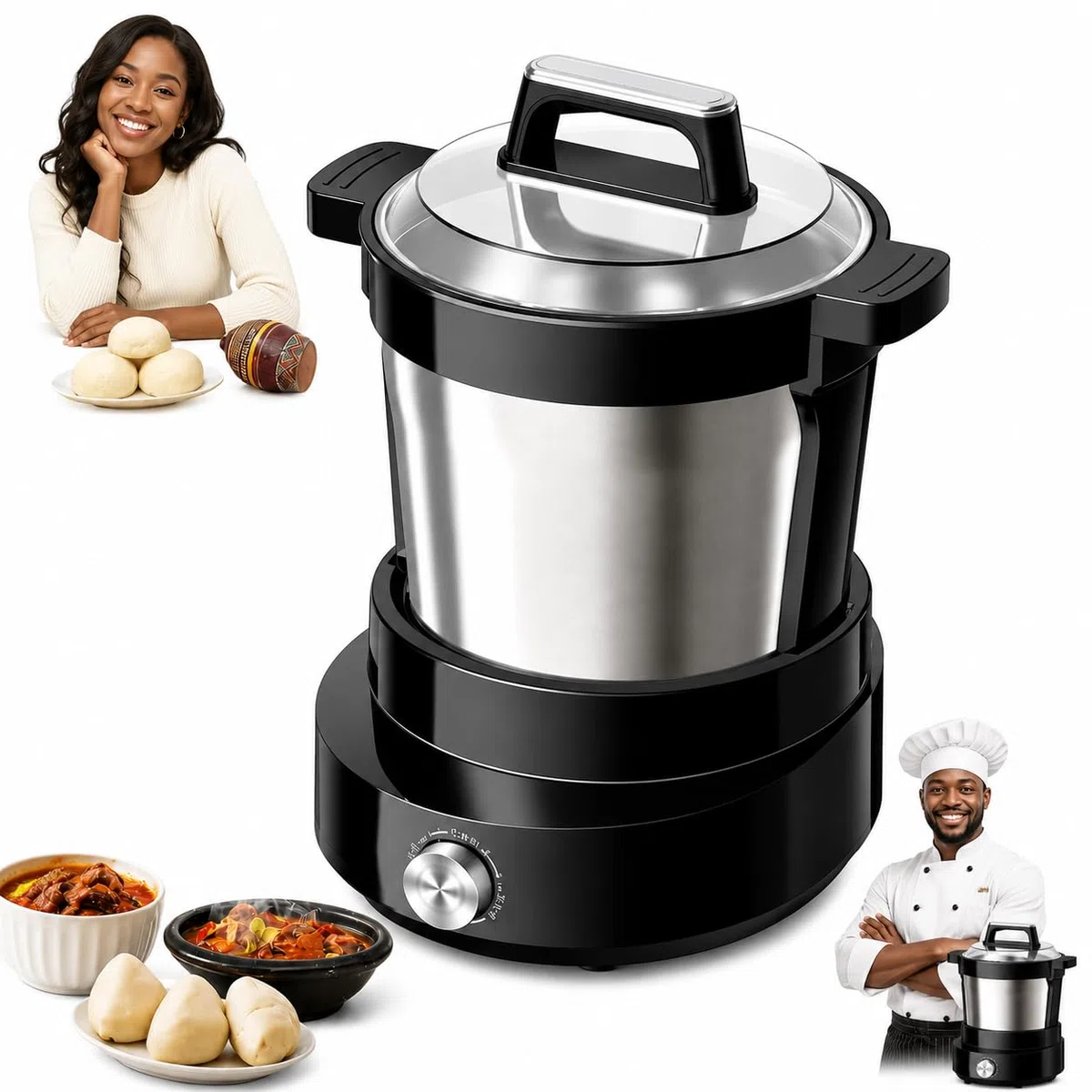 Machine à aramant électrique 6L, Machine Automatique Fufu et Amala avec minuterie de 60min, Pot en Acier Inoxydable Non-adhésif pour l'igname pilonnée, Banku, EBA, idéal pour Les Repas de Famille